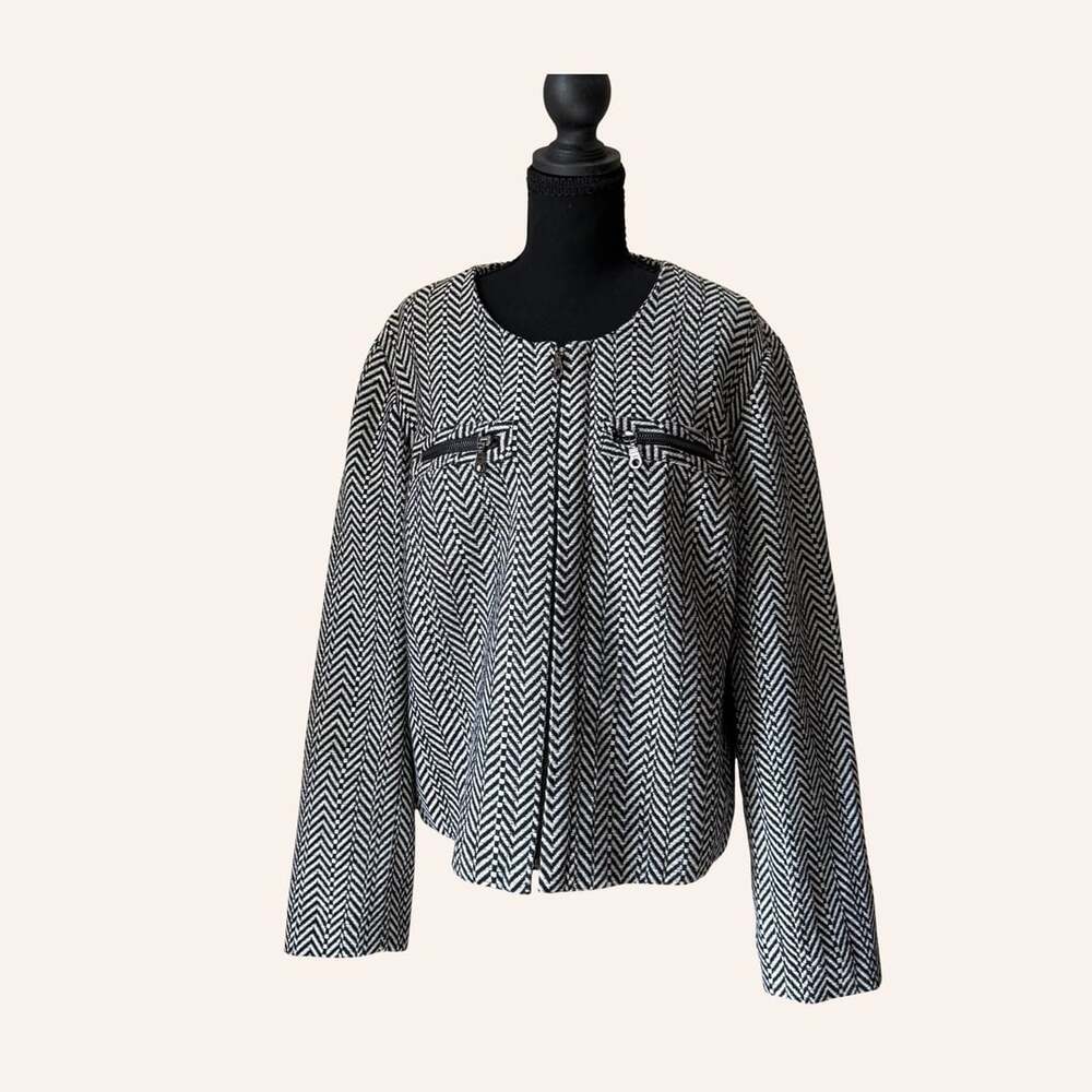 office siren chadwicks black white herringbone zip front jacket size 18